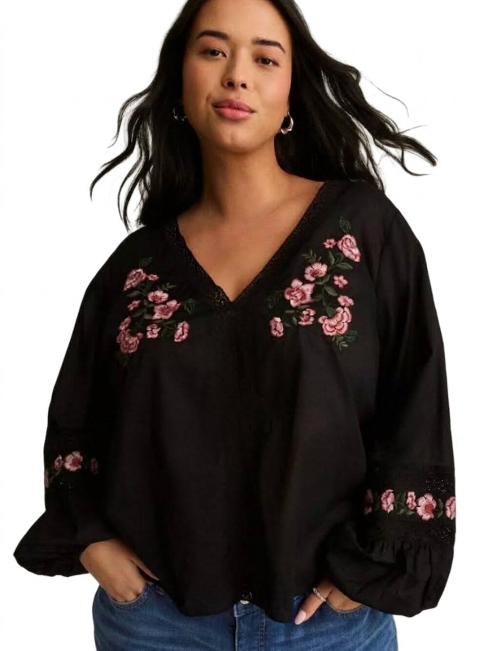 Torrid FESTI Embroidered Popover Top 3X Black Floral Boho Cotton Blouse 22/24